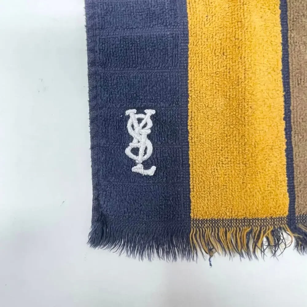 VTG YSL Yves Saint Laurent Fieldcrest Hand Towel Set of 3 Navy Gold Stripe Mono